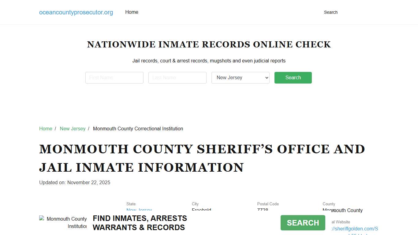 Monmouth County Sheriff, New Jersey, Jail Inmate Search